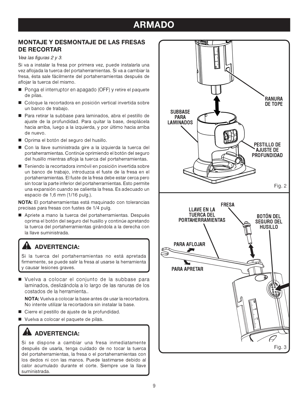 Ryobi P600 Montaje Y Desmontaje DE LAS Fresas DE Recortar, Vea las figuras 2 y, Ranura DE Tope, Para Aflojar Para Apretar 