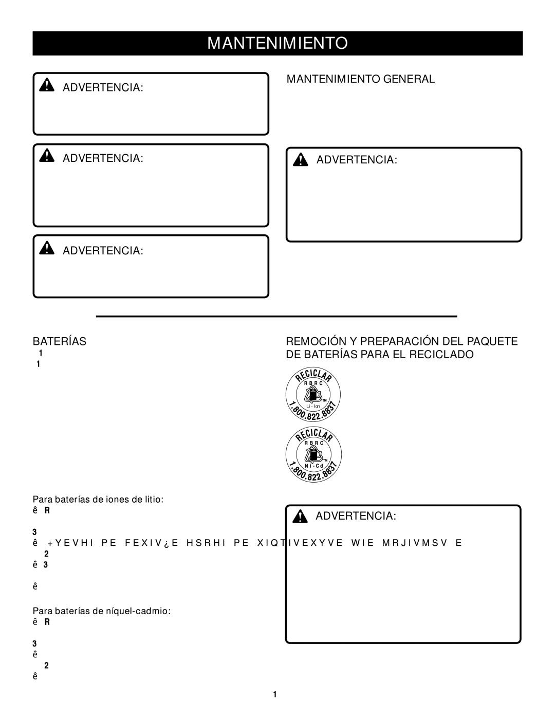 Ryobi P600 manual Mantenimiento General, Advertencia Advertencia, Baterías 
