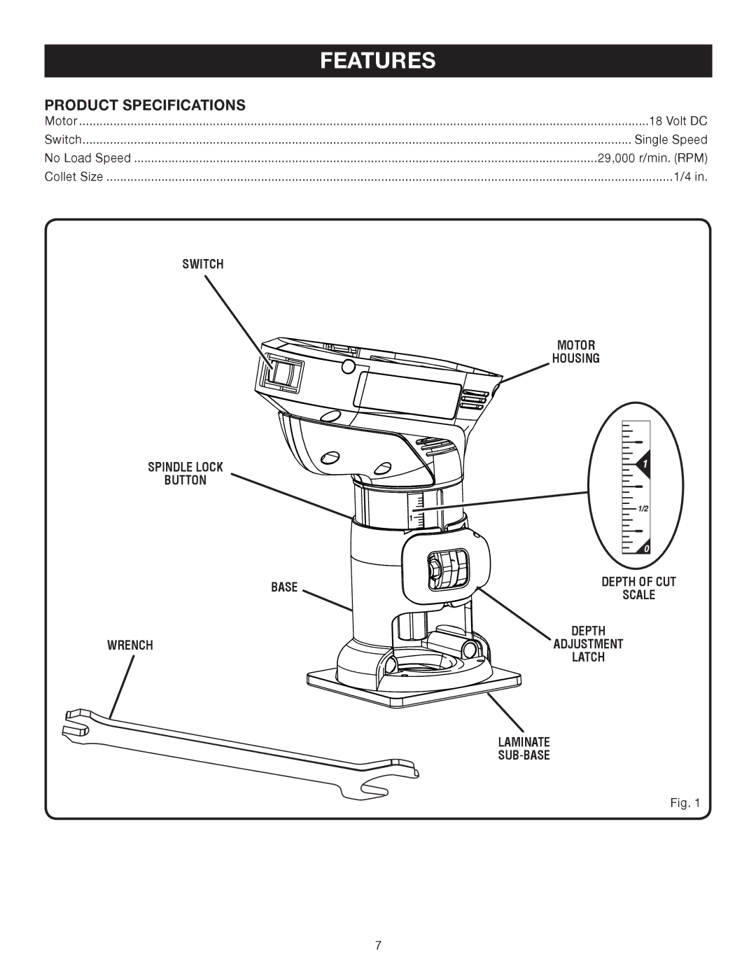 Ryobi P600 Features, Product Specifications, Switch Motor Housing Spindle Lock Button Base, Wrench, Laminate SUB-BASE 