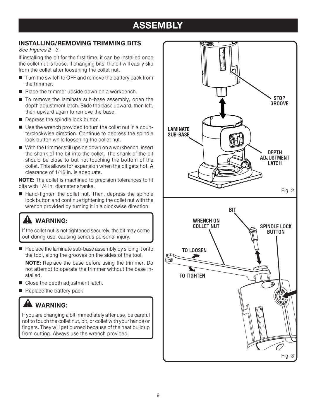 Ryobi P600 manual INSTALLING/REMOVING Trimming Bits, See Figures 2 