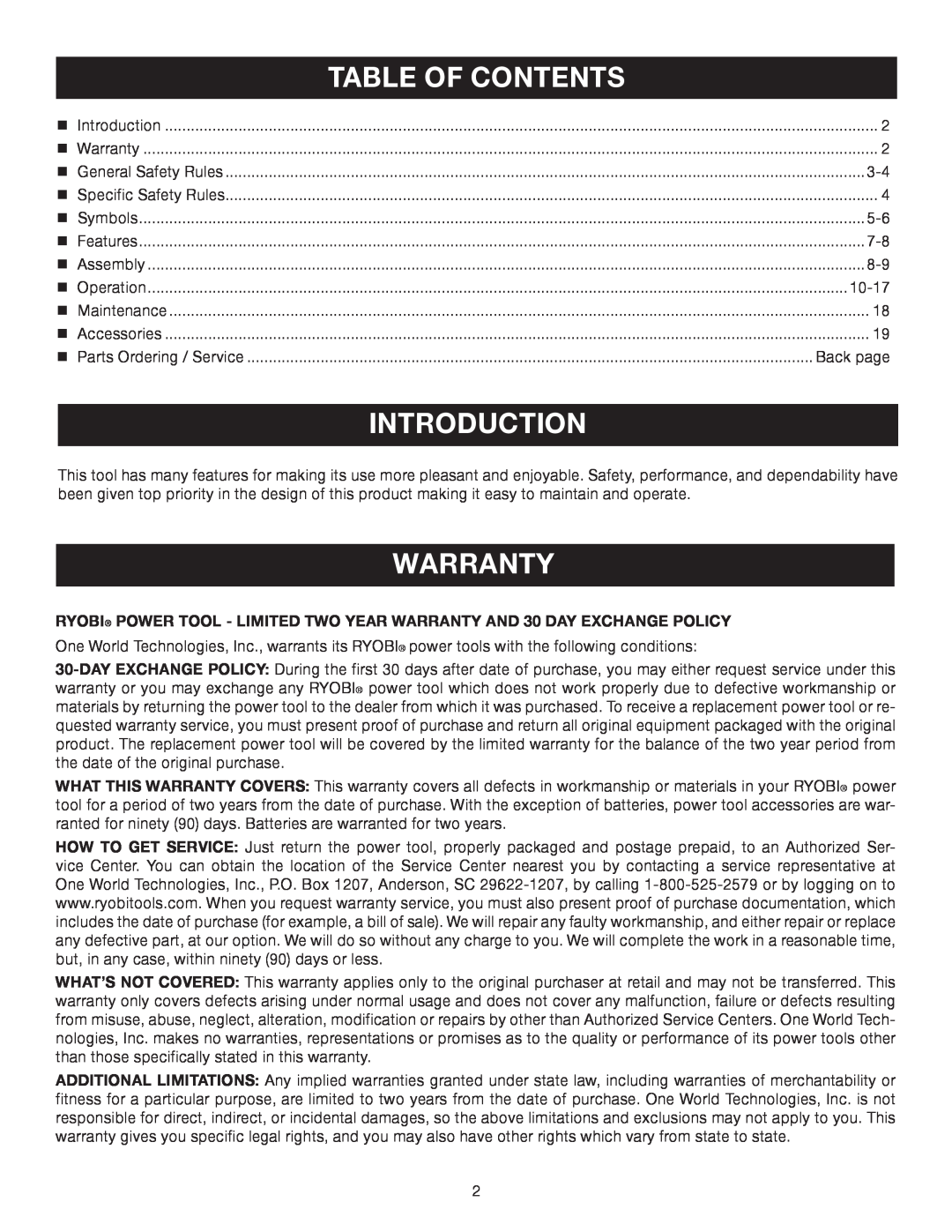 Ryobi P600 manual Introduction, Warranty, Table Of Contents 