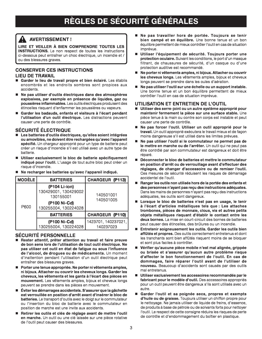 Ryobi P600 Règles De Sécurité Générales, Avertissement, Conserver Ces Instructions Lieu De Travail, Sécurité Électrique 