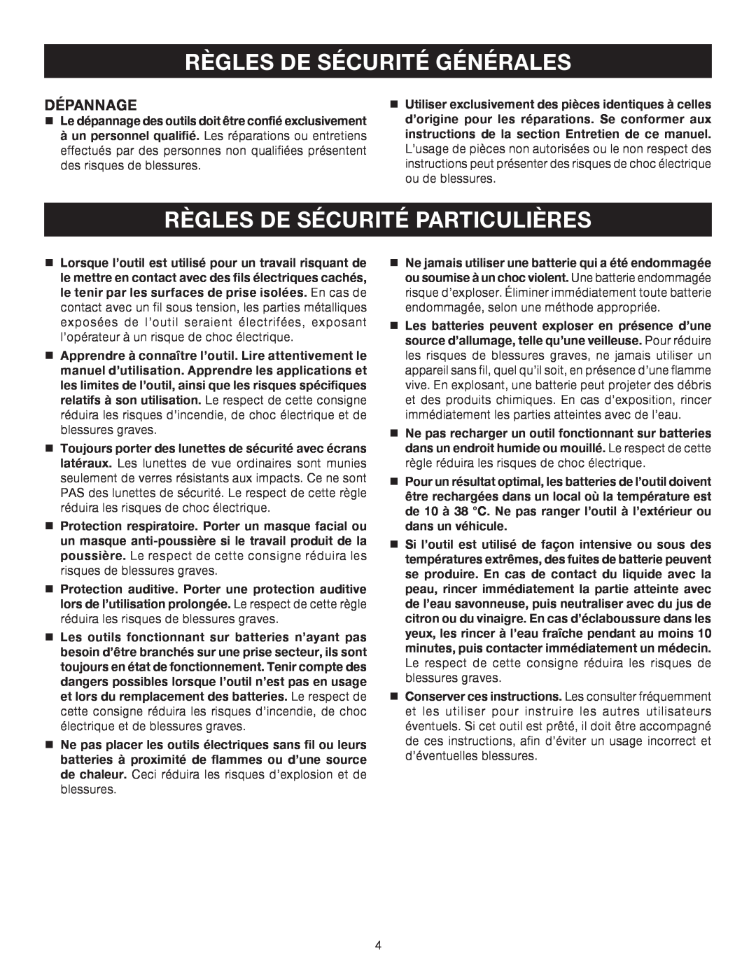 Ryobi P600 manual Règles De Sécurité Particulières, Dépannage, Règles De Sécurité Générales 