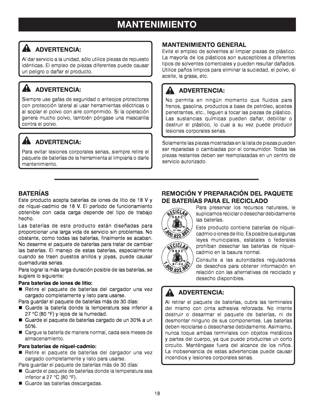 Ryobi P600 manual Mantenimiento General, Advertencia Advertencia, Baterías 