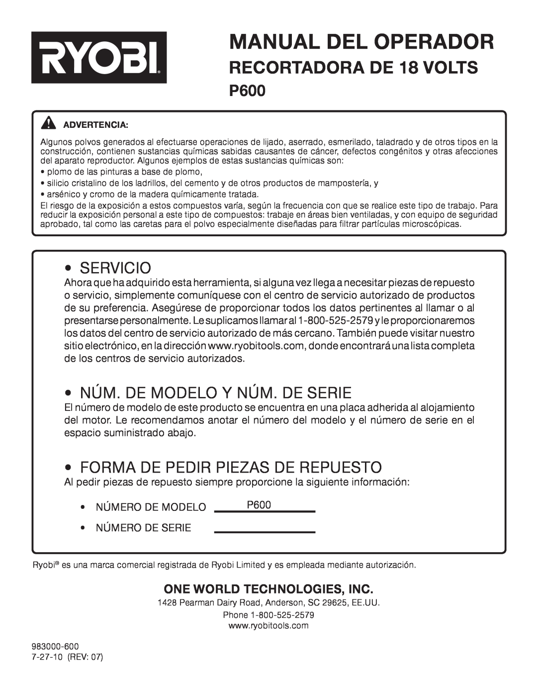 Ryobi P600 manual Servicio, Núm. De Modelo Y Núm. De Serie, Forma De Pedir Piezas De Repuesto, Manual Del Operador 