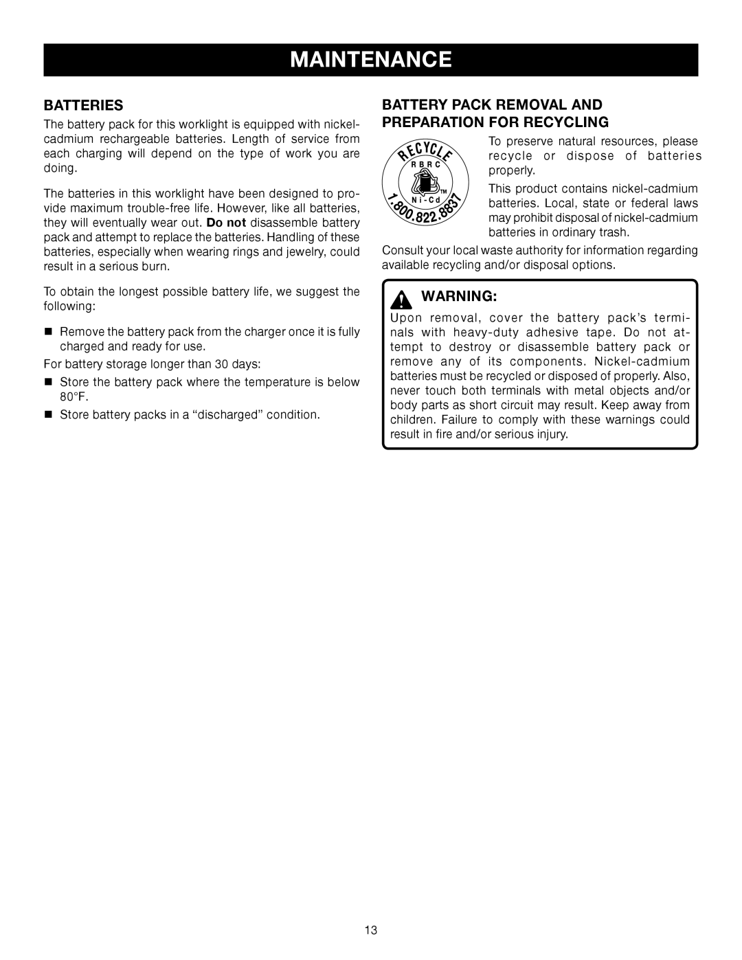 Ryobi P700 manual Batteries, Battery Pack Removal Preparation for Recycling 