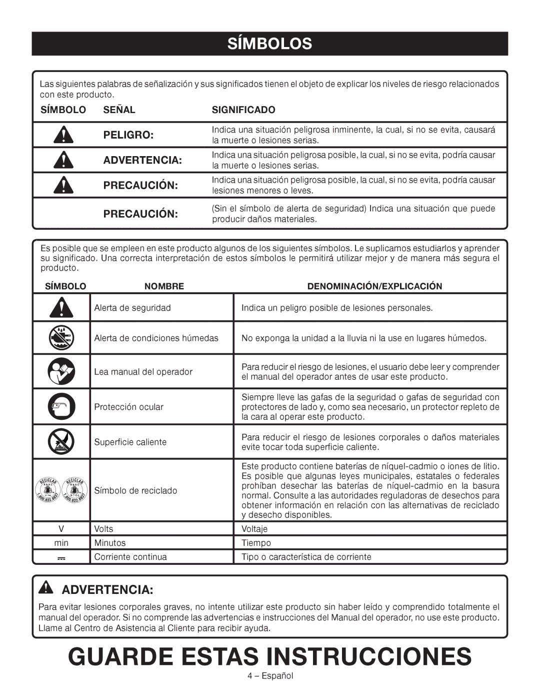 Ryobi P703 manuel dutilisation Guarde Estas Instrucciones, Símbolos, Peligro, Advertencia, Precaución 