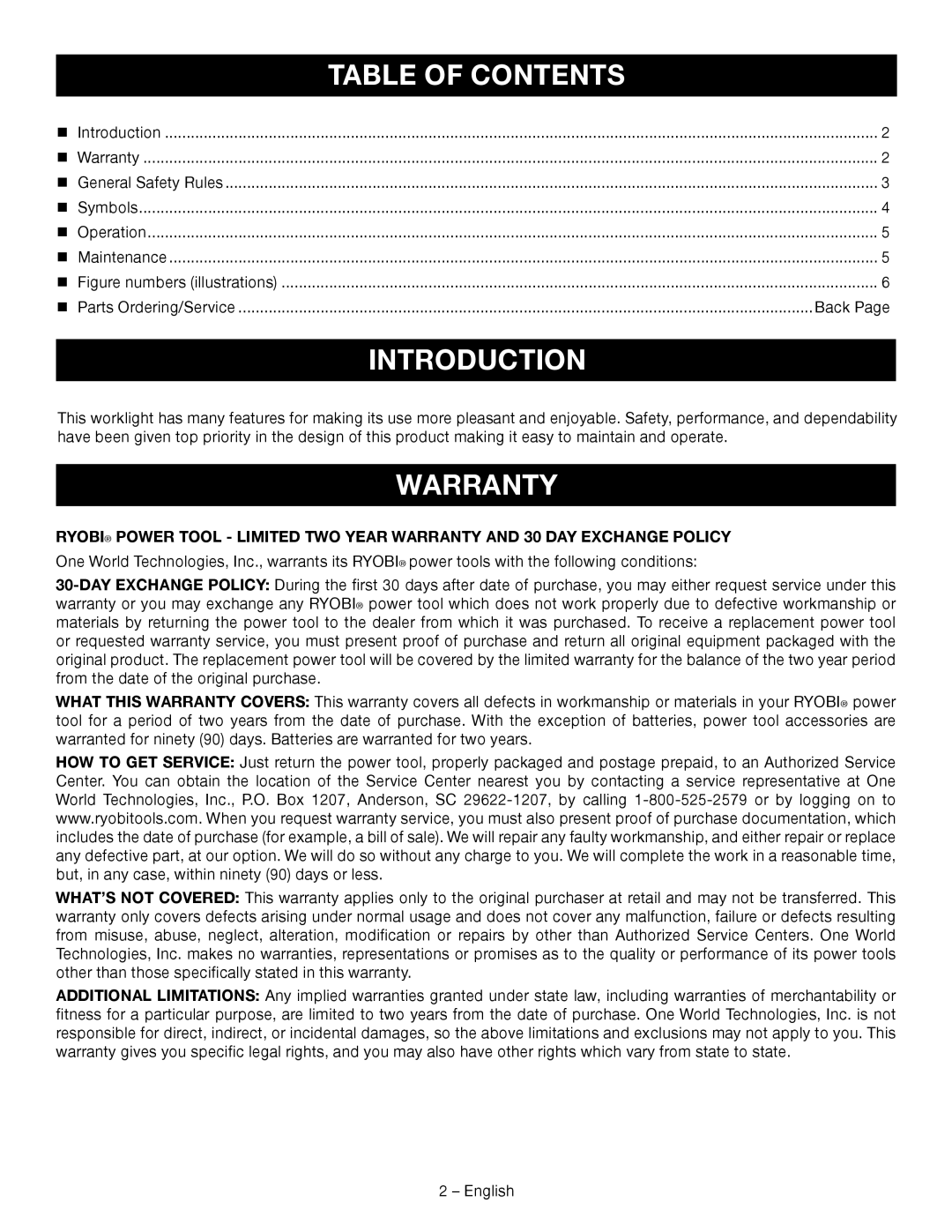 Ryobi P703 manuel dutilisation Introduction, Table of Contents 