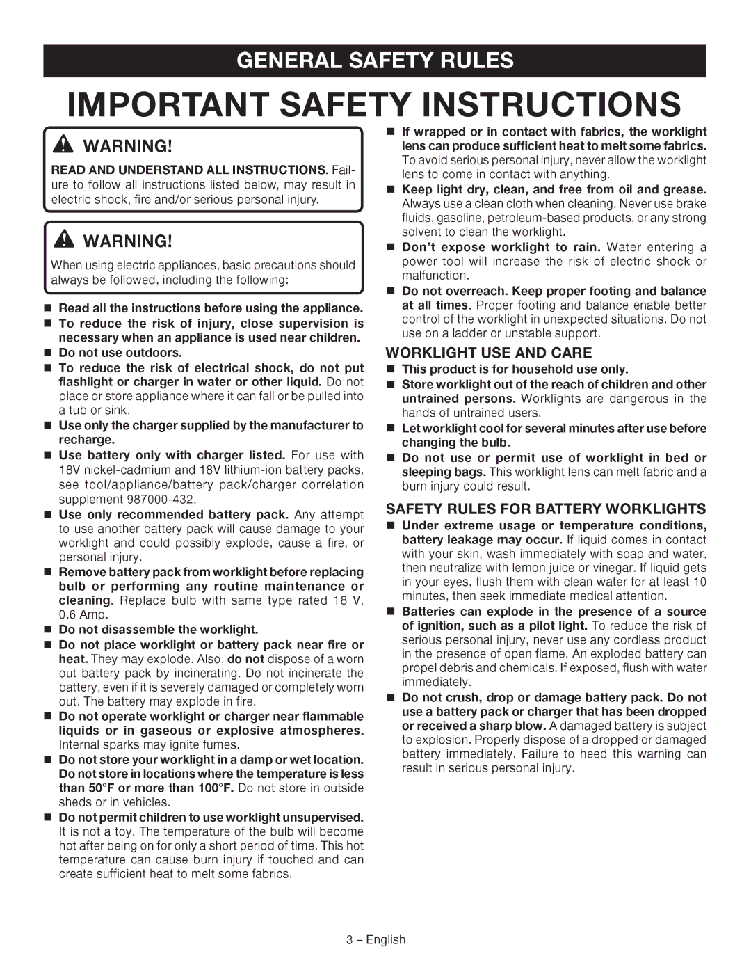 Ryobi P703 manuel dutilisation General Safety Rules, Worklight USE and Care, Safety Rules for Battery Worklights 