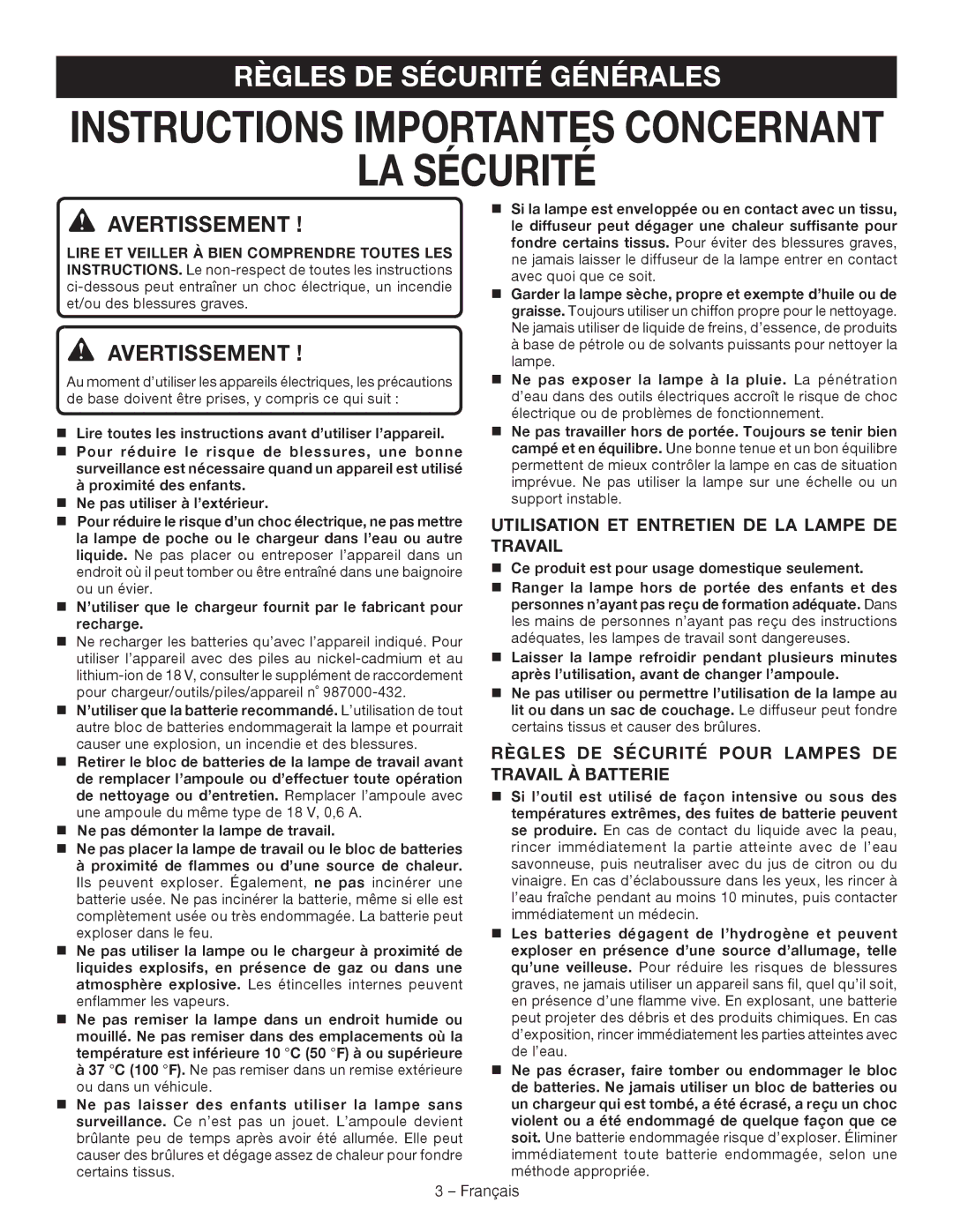 Ryobi P703 manuel dutilisation LA Sécurité, Règles DE Sécurité Générales, Utilisation ET Entretien DE LA Lampe DE Travail 