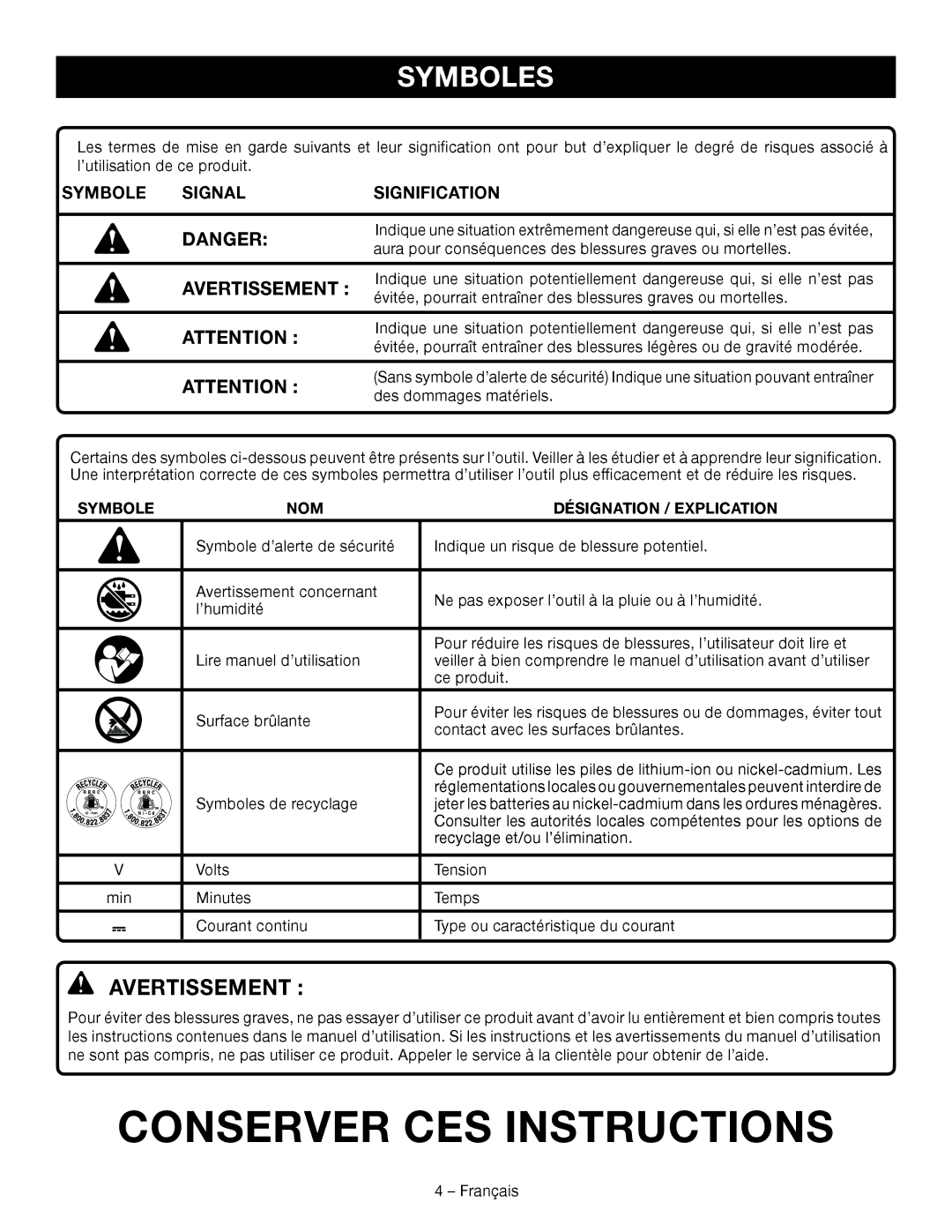 Ryobi P703 manuel dutilisation Conserver CES Instructions, Symboles, Avertissement , Symbole Signal Signification 