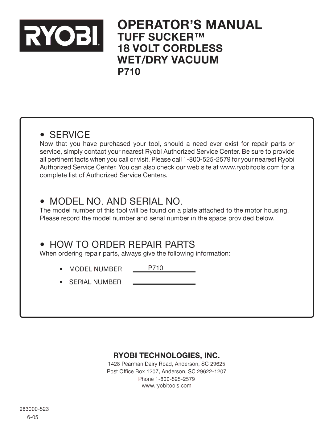 Ryobi P710 manual Service Model NO. and Serial no 