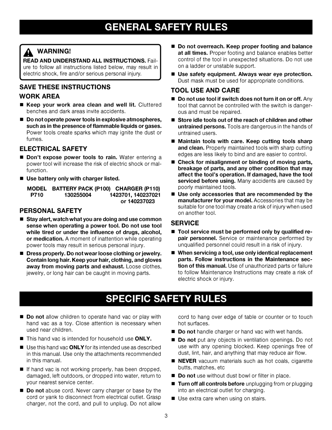 Ryobi P710 manual General Safety Rules, Specific Safety Rules 