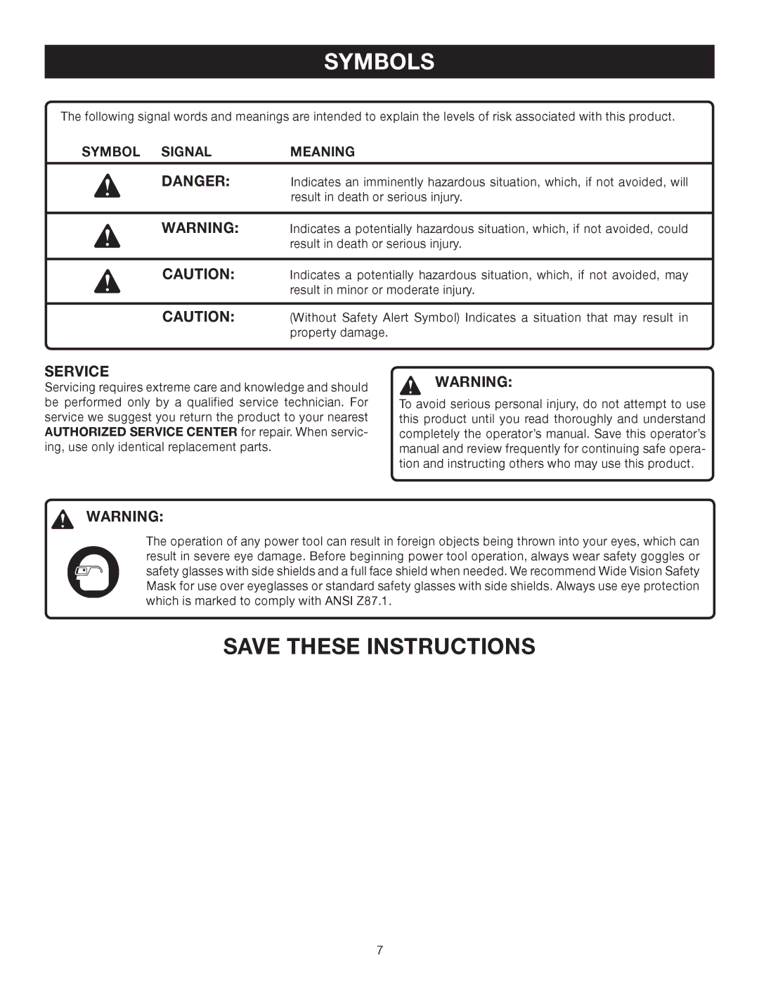 Ryobi P710 manual Symbol Signal Meaning 