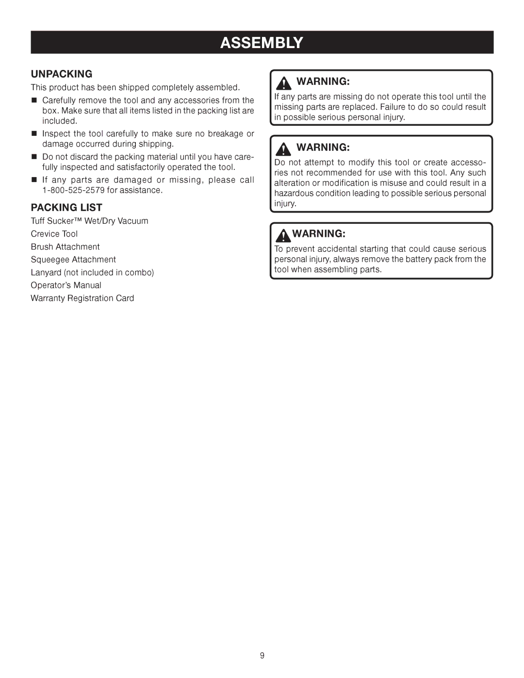 Ryobi P710 manual Assembly, Unpacking, Packing List 