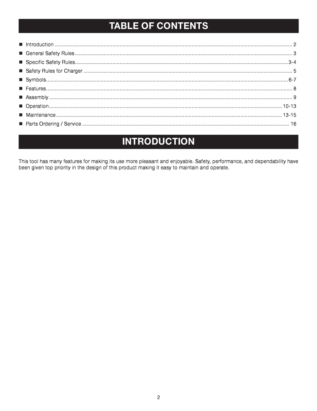 Ryobi P710 manual Introduction, Table Of Contents 