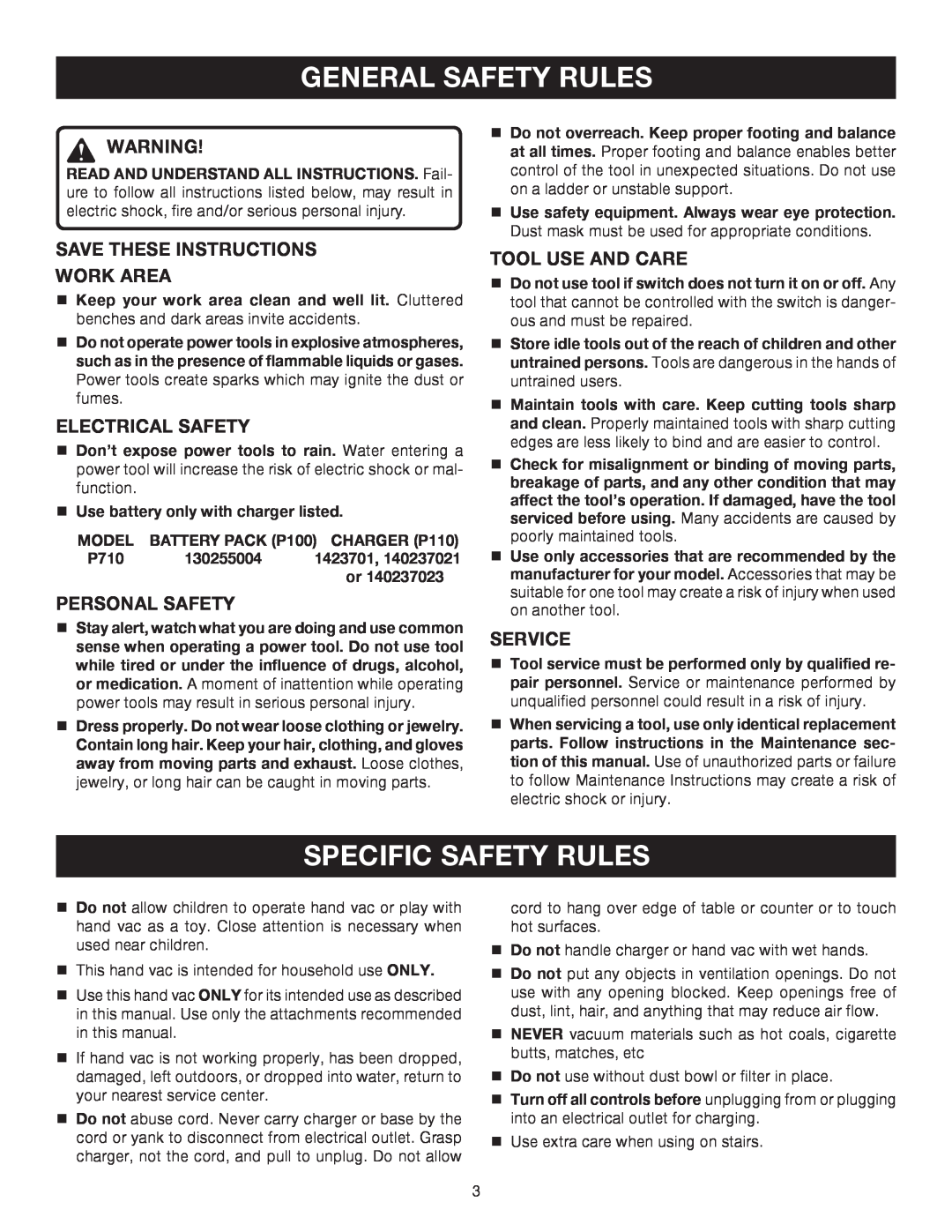 Ryobi P710 General Safety Rules, Specific Safety Rules, Save These Instructions Work Area, Electrical Safety, Service 