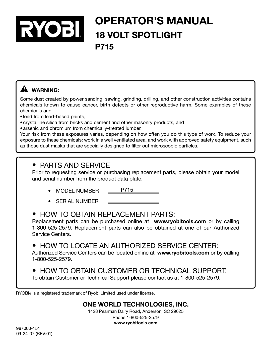 Ryobi P715 manual Parts and Service 