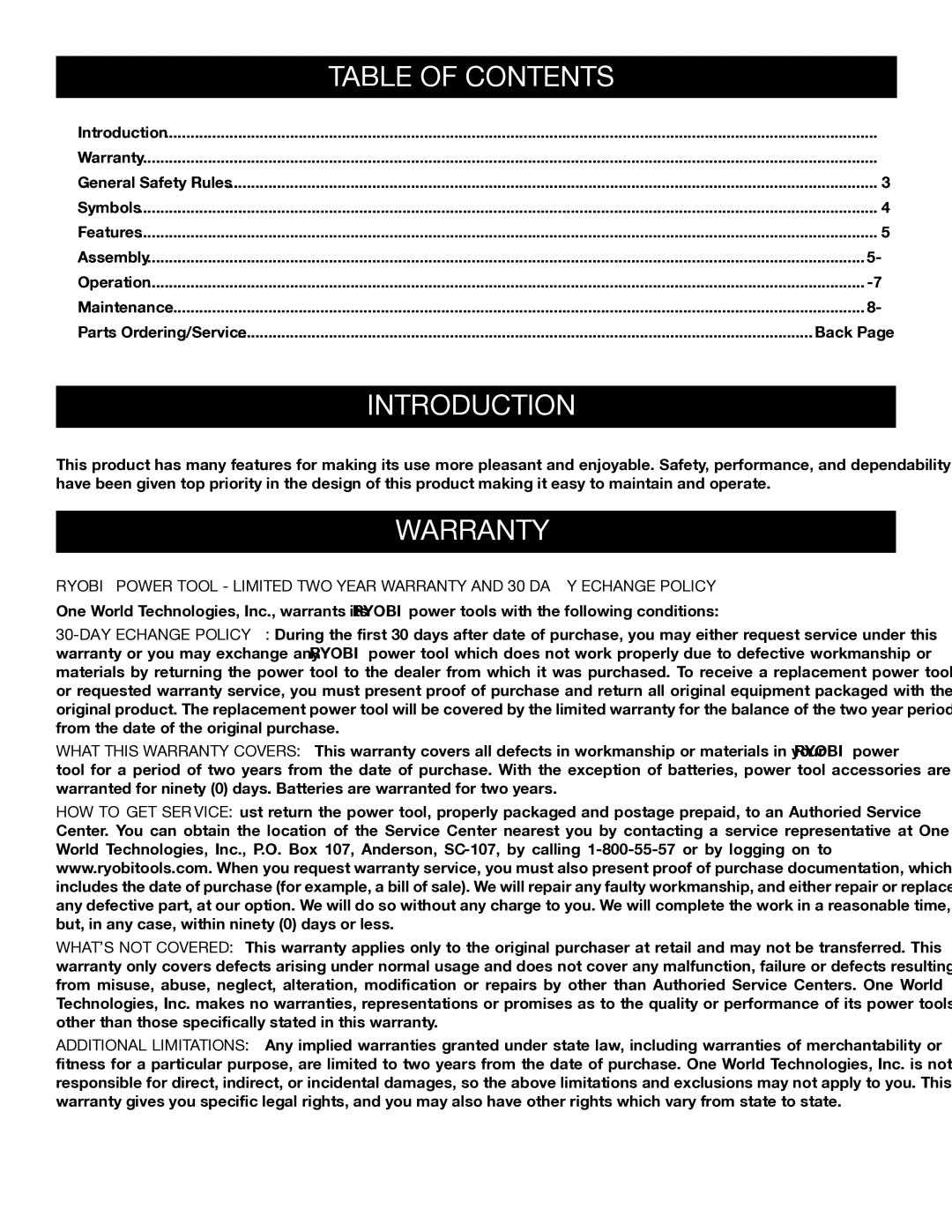 Ryobi P715 manual Introduction, Table of Contents 