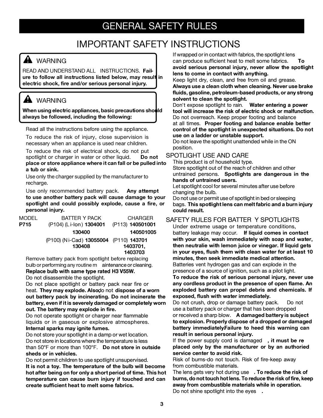 Ryobi P715 manual General Safety Rules, Important safety instructions 