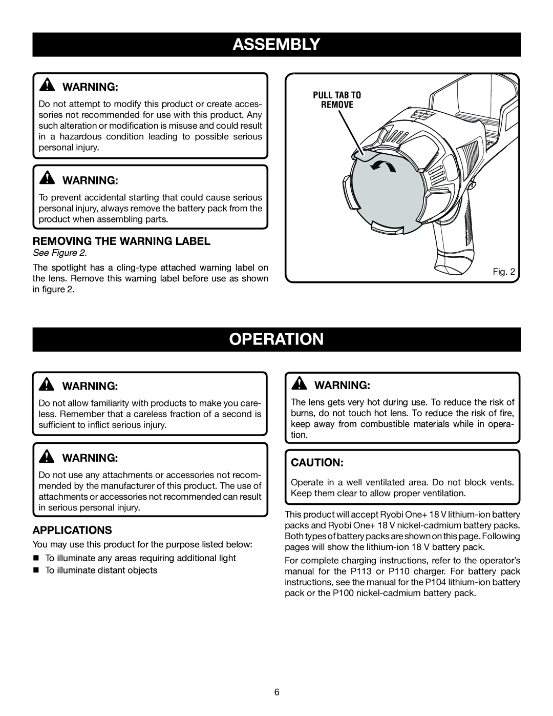 Ryobi P715 manual Operation, Removing the Warning Label, Applications 