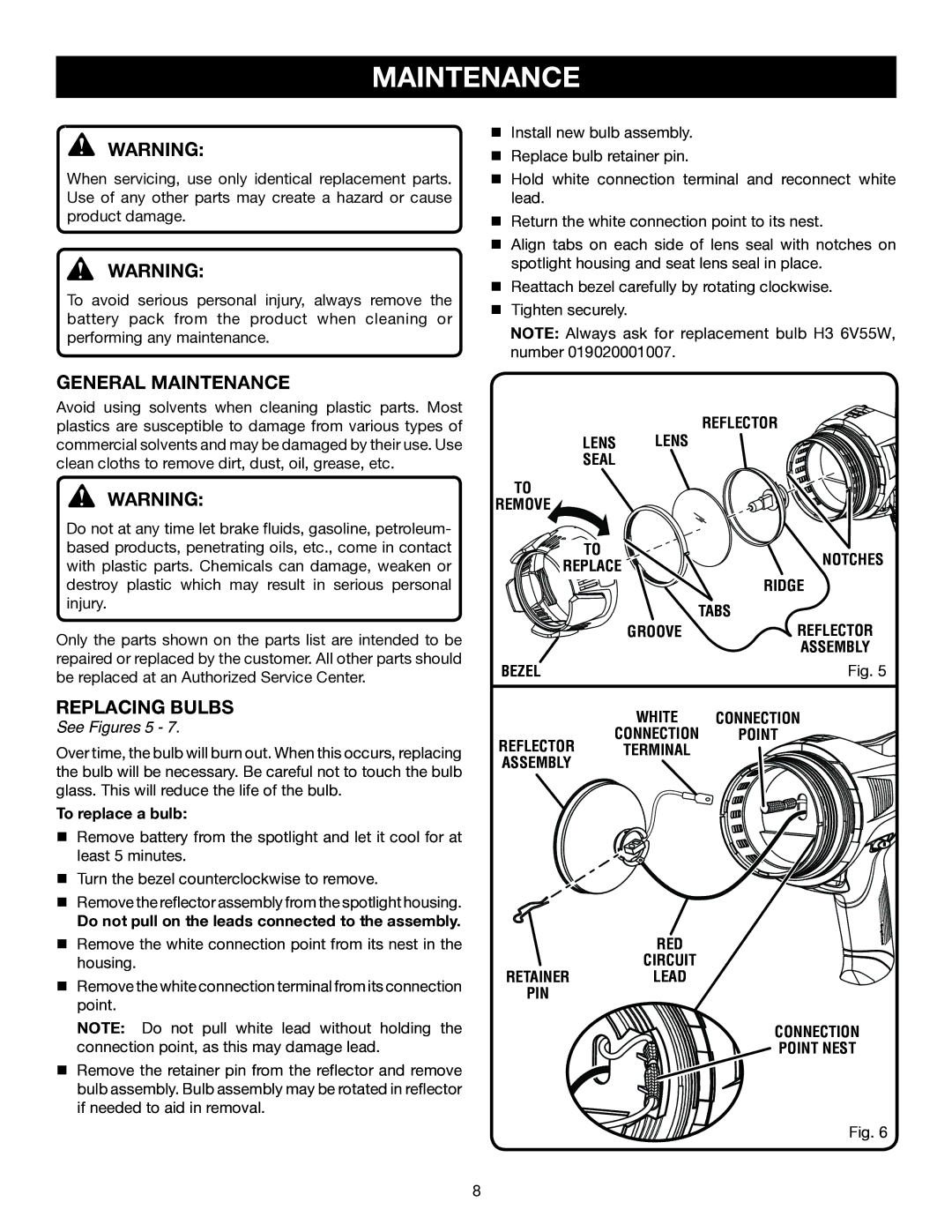 Ryobi P715 manual General Maintenance, Replacing Bulbs, See Figures 5 