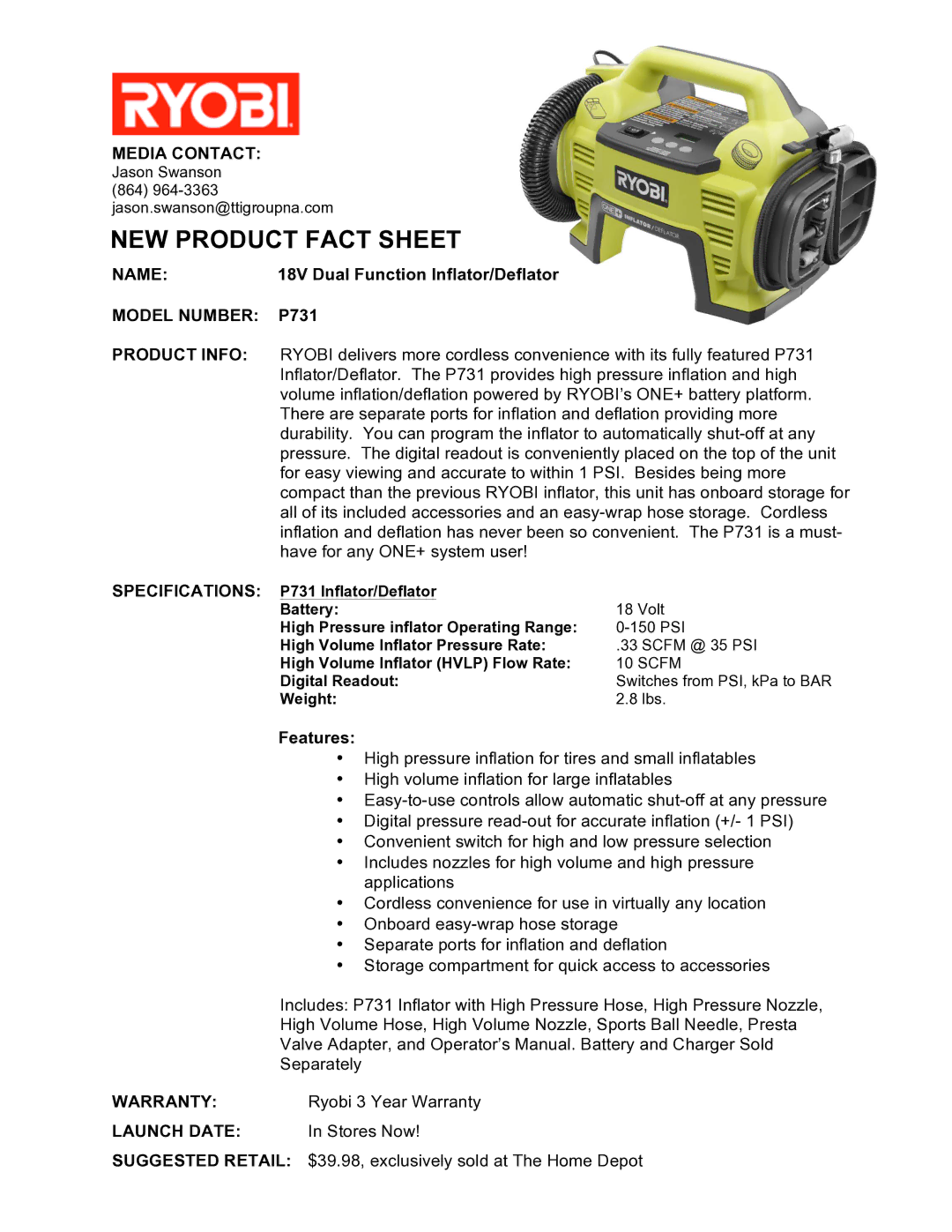 Ryobi P731 specifications NEW Product Fact Sheet 