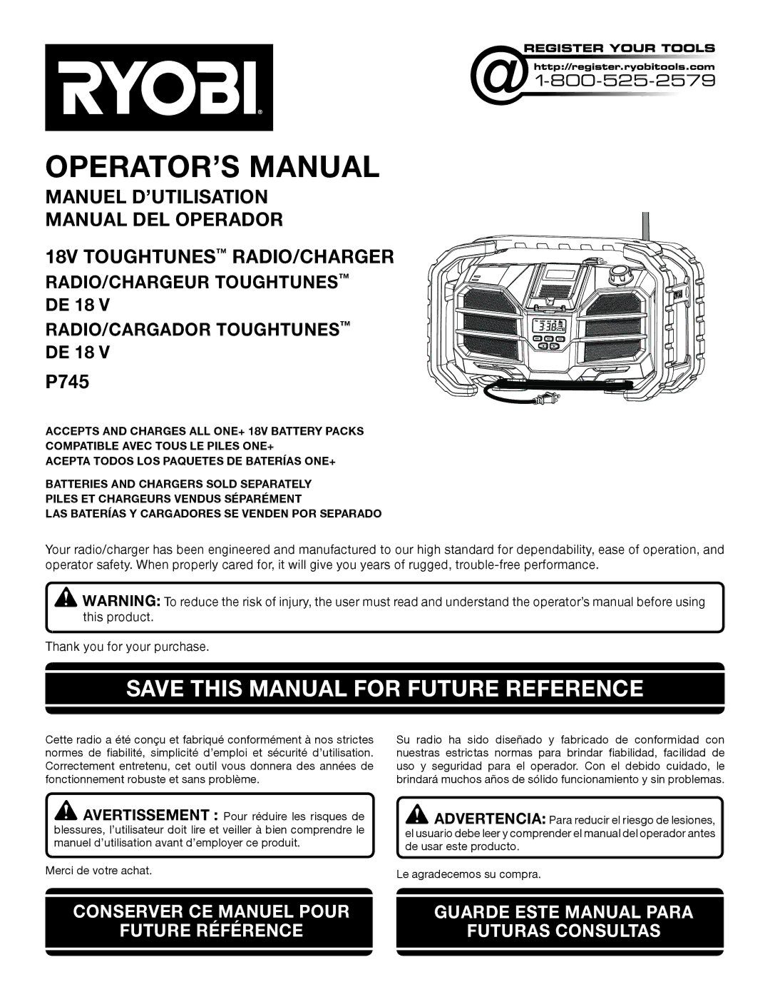 Ryobi p745 manuel dutilisation OPERATOR’S Manual, Save this Manual for Future Reference 