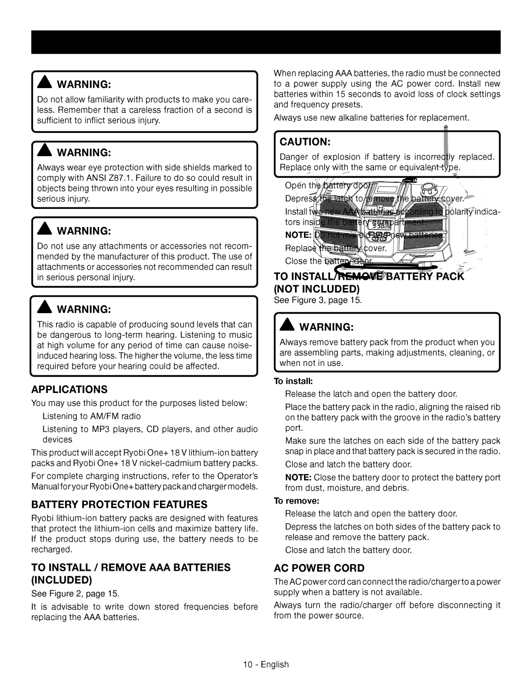 Ryobi p745 Operation, Applications, Battery Protection Features, To Install / Remove AAA Batteries Included 