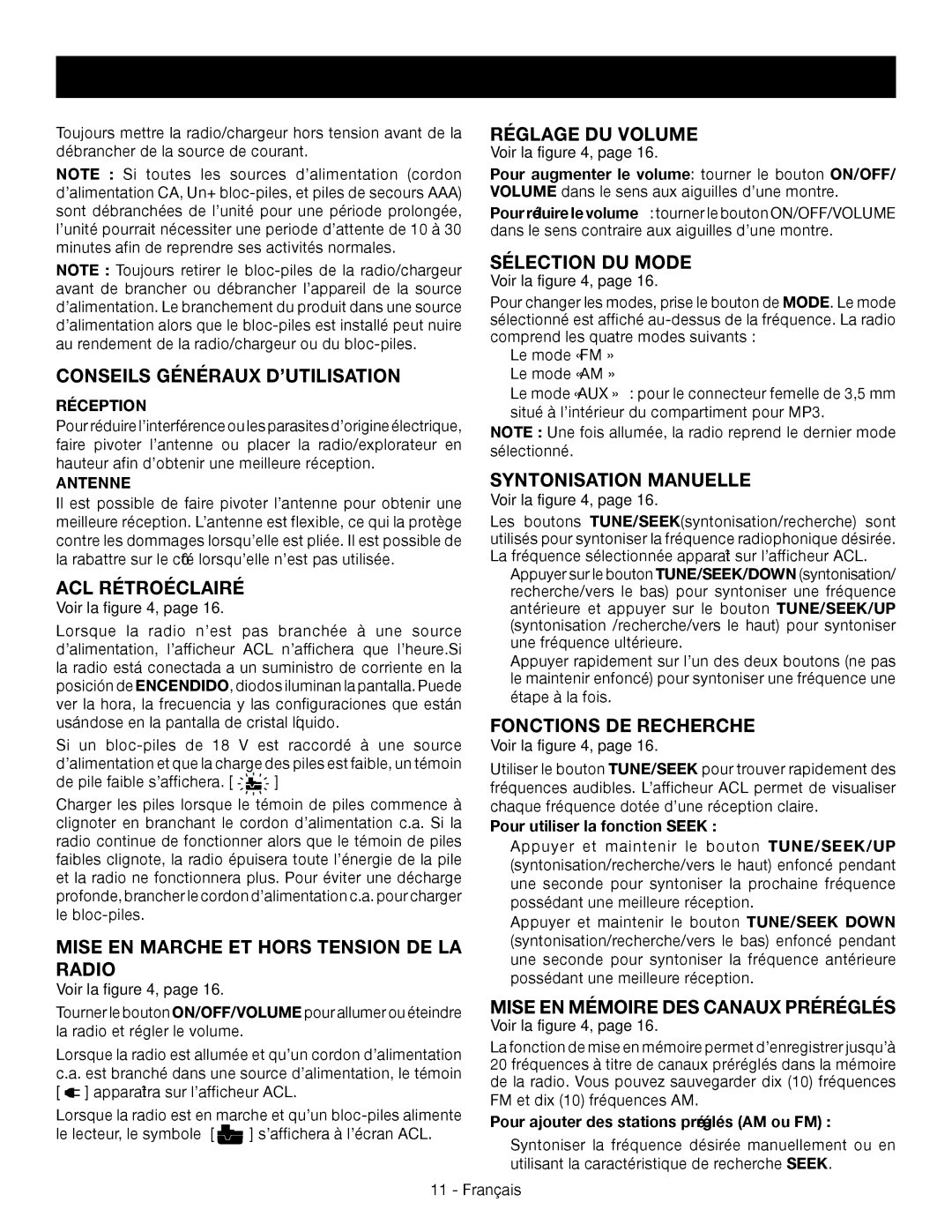 Ryobi p745 Conseils Généraux D’UTILISATION, ACL Rétroéclairé, Mise EN Marche ET Hors Tension DE LA Radio 