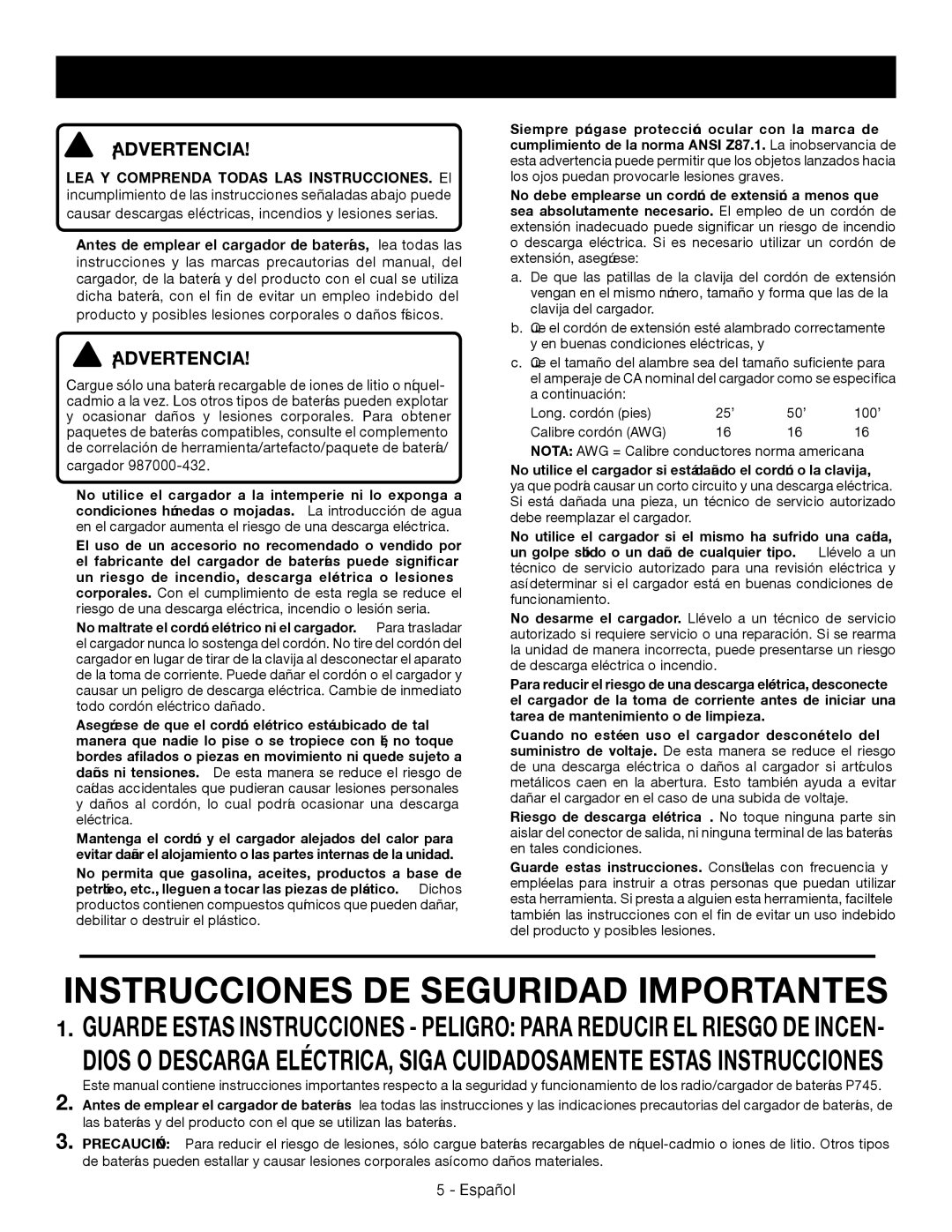 Ryobi p745 manuel dutilisation Reglas DE Seguridad Para EL Empleo DEL Cargador, LEA Y Comprenda Todas LAS INSTRUCCIONES. El 