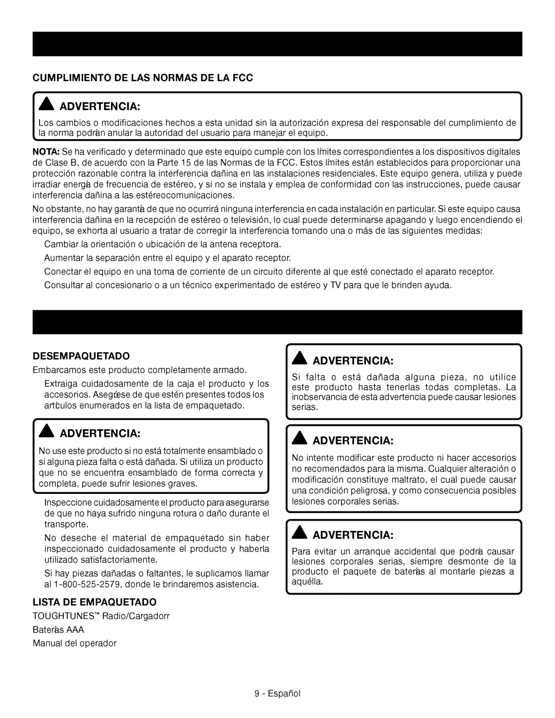 Ryobi p745 manuel dutilisation Armado, Cumplimiento DE LAS Normas DE LA FCC, Desempaquetado, Lista DE Empaquetado 