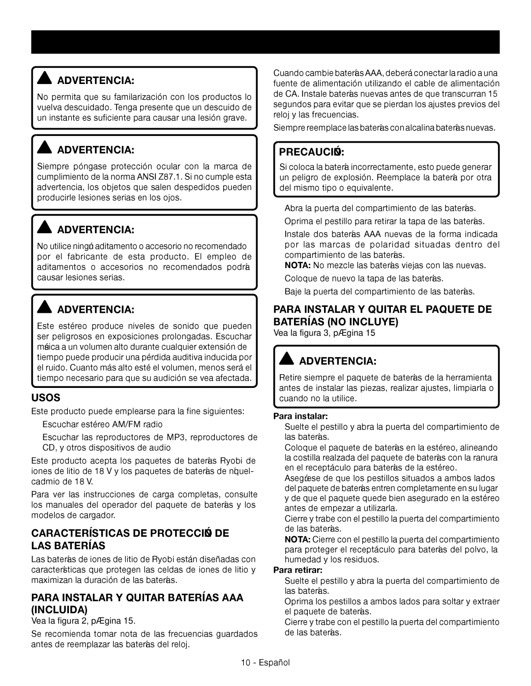 Ryobi p745 manuel dutilisation Funcionamiento, Usos, Características DE Protección DE LAS Baterías 