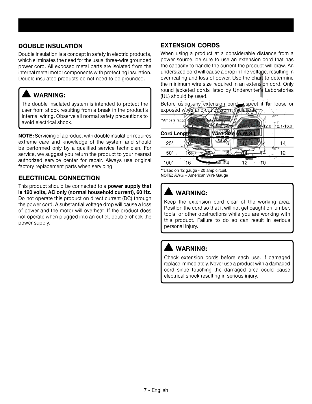 Ryobi p745 manuel dutilisation Double Insulation, Electrical Connection, Extension Cords, Cord Length Wire Size A.W.G 