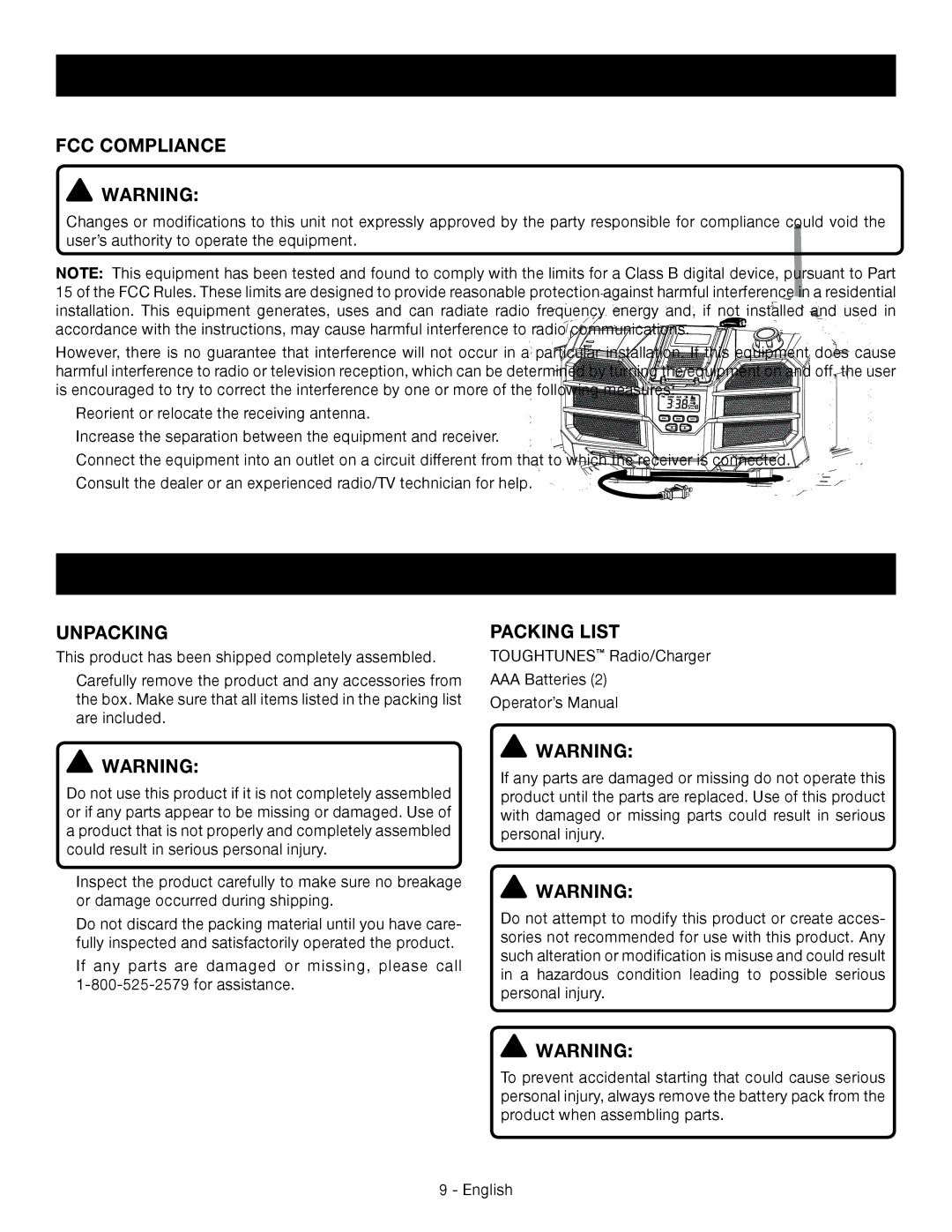 Ryobi p745 manuel dutilisation Assembly, FCC Compliance, Unpacking, Packing List 