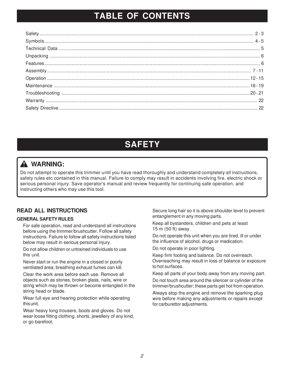 Ryobi PBC3046E, RY70105A manual Table of Contents, Safety 