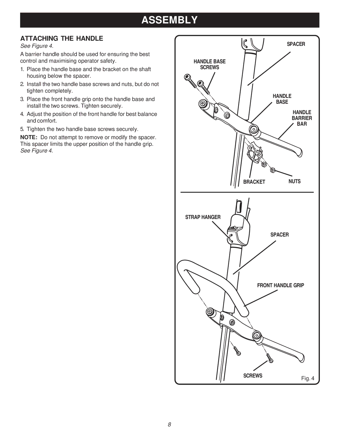 Ryobi PBC3046E, RY70105A manual Attaching the Handle 