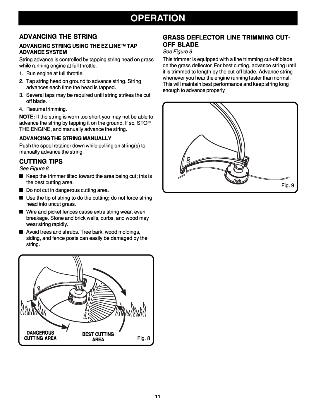 Ryobi PLT3043S Advancing The String, Cutting Tips, Grass Deflector Line Trimming Cut- Off Blade, Operation, See Figure 