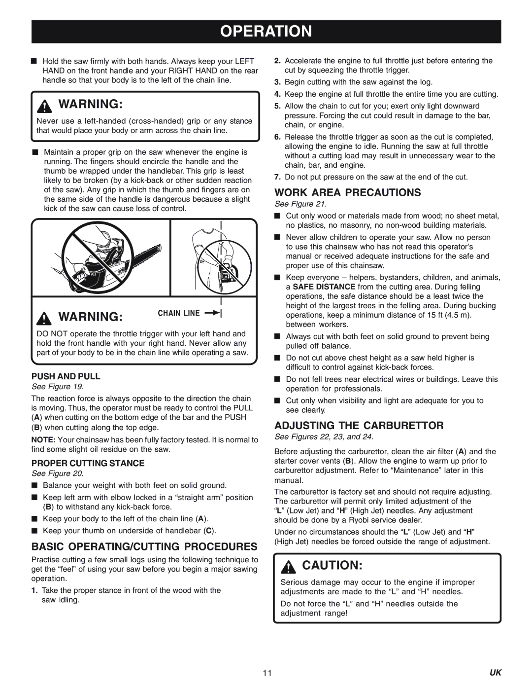 Ryobi PCN3840-RY74005D, PCN4545-RY74007D manual Basic OPERATING/CUTTING Procedures, Work Area Precautions, Push and Pull 