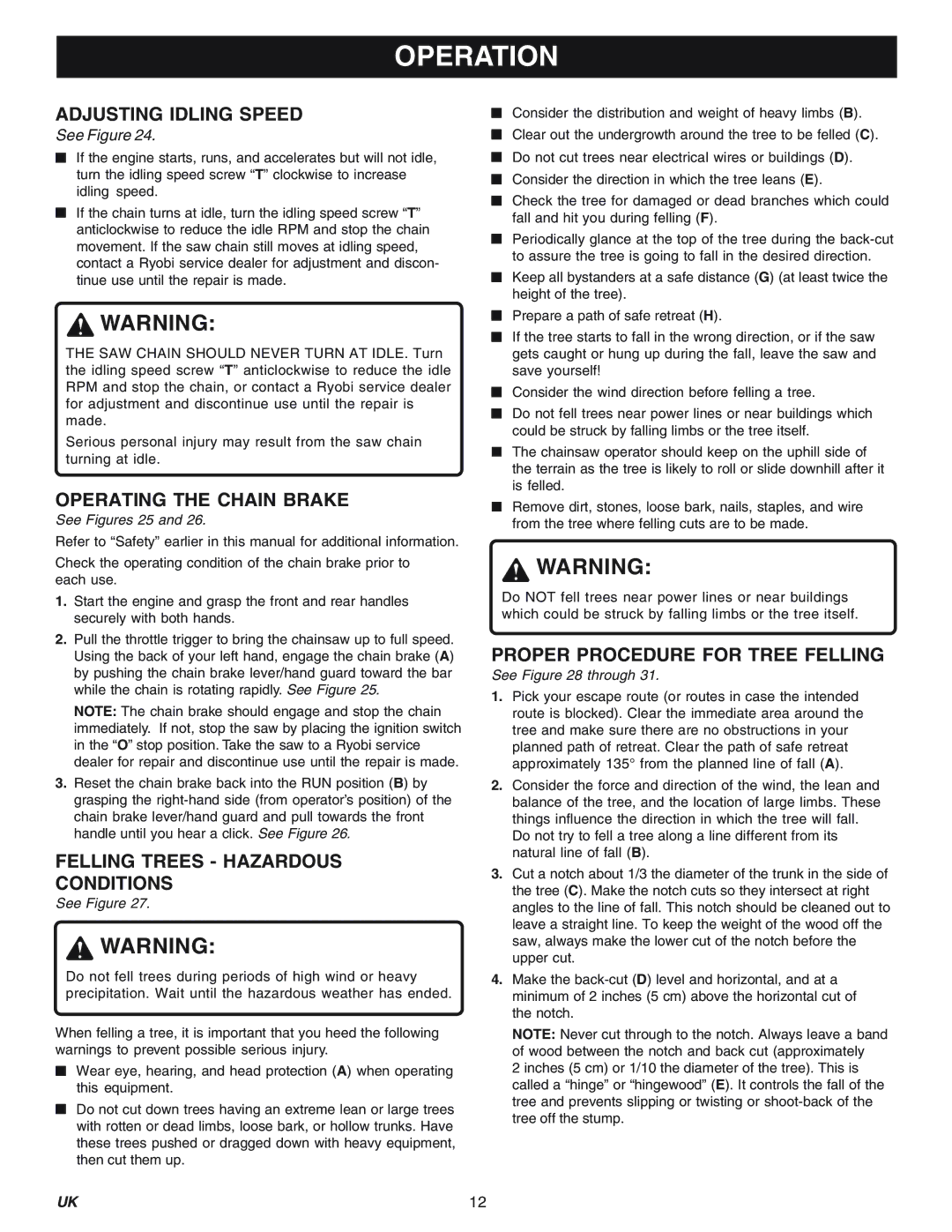 Ryobi PNC3840-RY74005d, PCN4545-RY74007D manual Adjusting Idling Speed, Operating the Chain Brake 