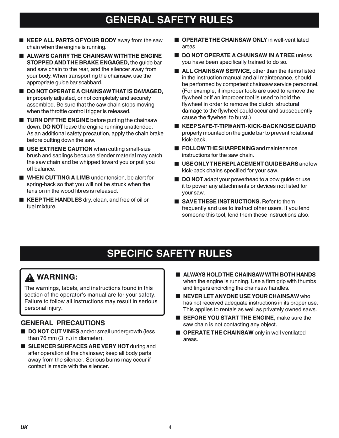 Ryobi PNC3840-RY74005d, PCN4545-RY74007D, PCN3840-RY74005D, PCN4545-RY74007D Specific Safety Rules, General Precautions 