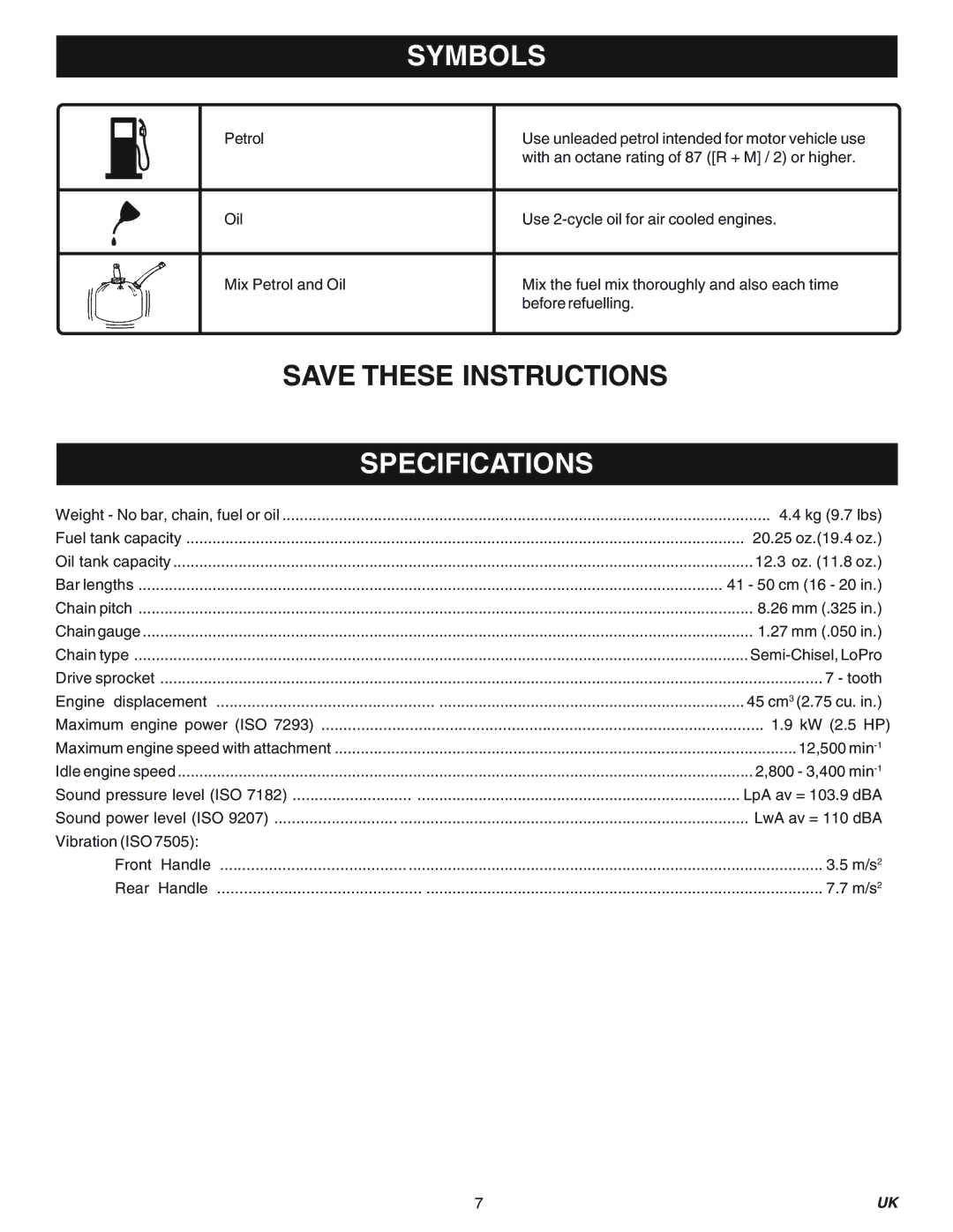 Ryobi PCN3840-RY74005D, PCN4545-RY74007D, PNC3840-RY74005d, PCN4545-RY74007D manual Specifications 