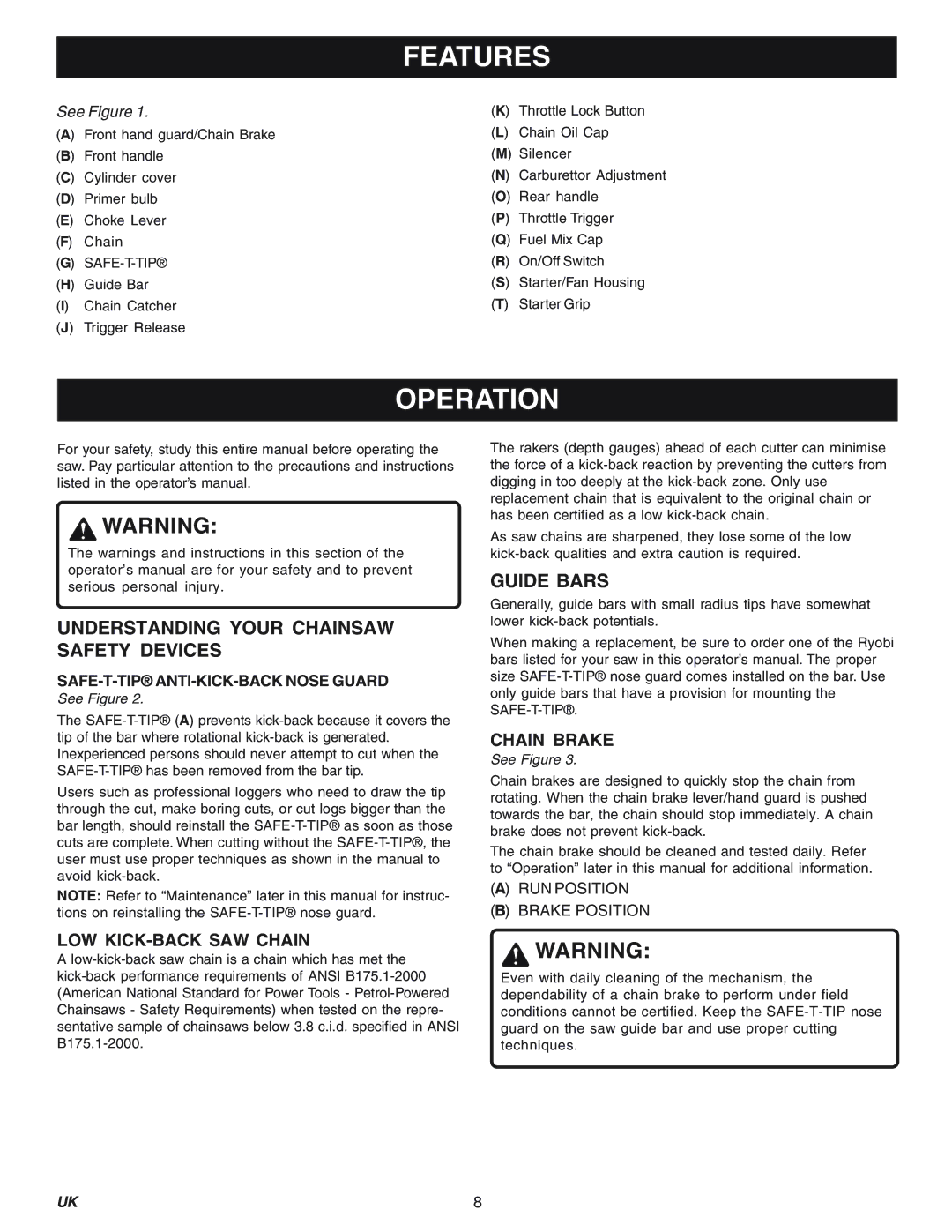 Ryobi PNC3840-RY74005d, PCN4545-RY74007D manual Features, Operation, Understanding Your Chainsaw Safety Devices, Guide Bars 