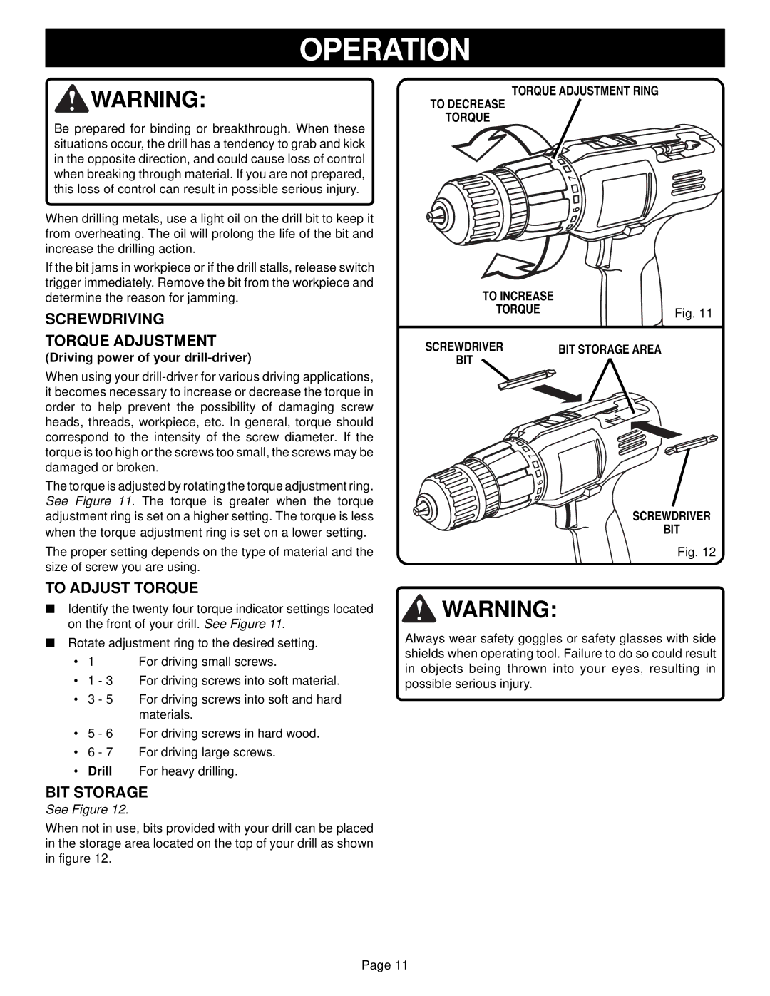 Ryobi R10520, R10510 Screwdriving Torque Adjustment, To Adjust Torque, BIT Storage, Torque Adjustment Ring To Decrease 