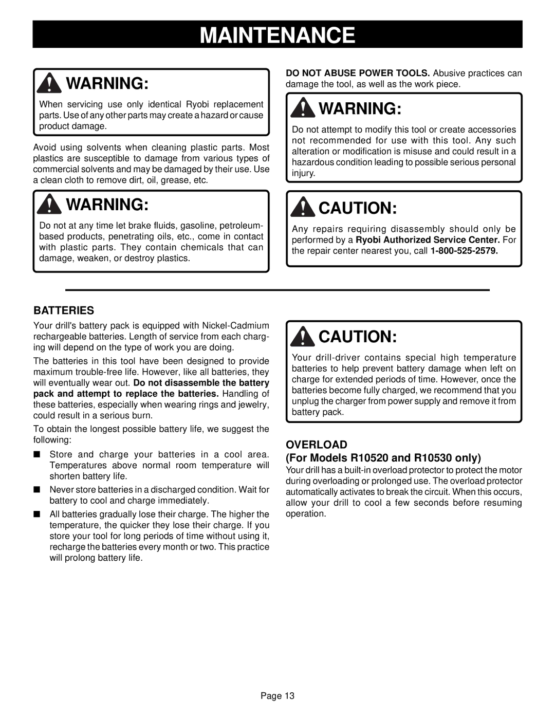 Ryobi R10530, R10510, R10520 manual Maintenance, Batteries, Overload 