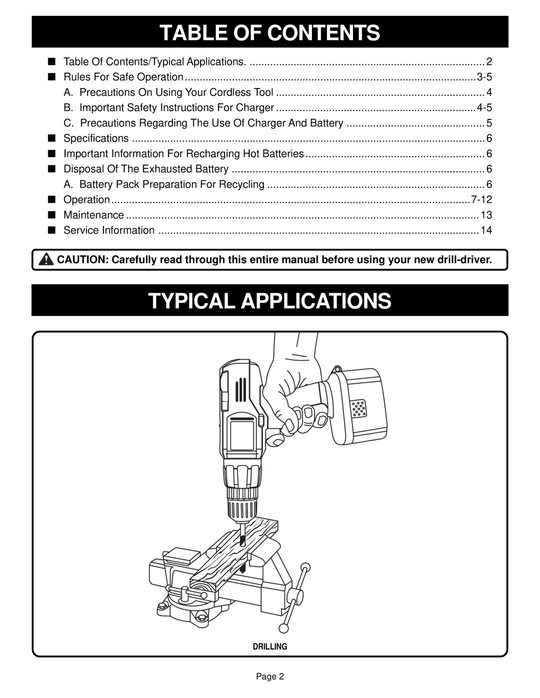 Ryobi R10520, R10510, R10530 manual Table of Contents, Typical Applications 