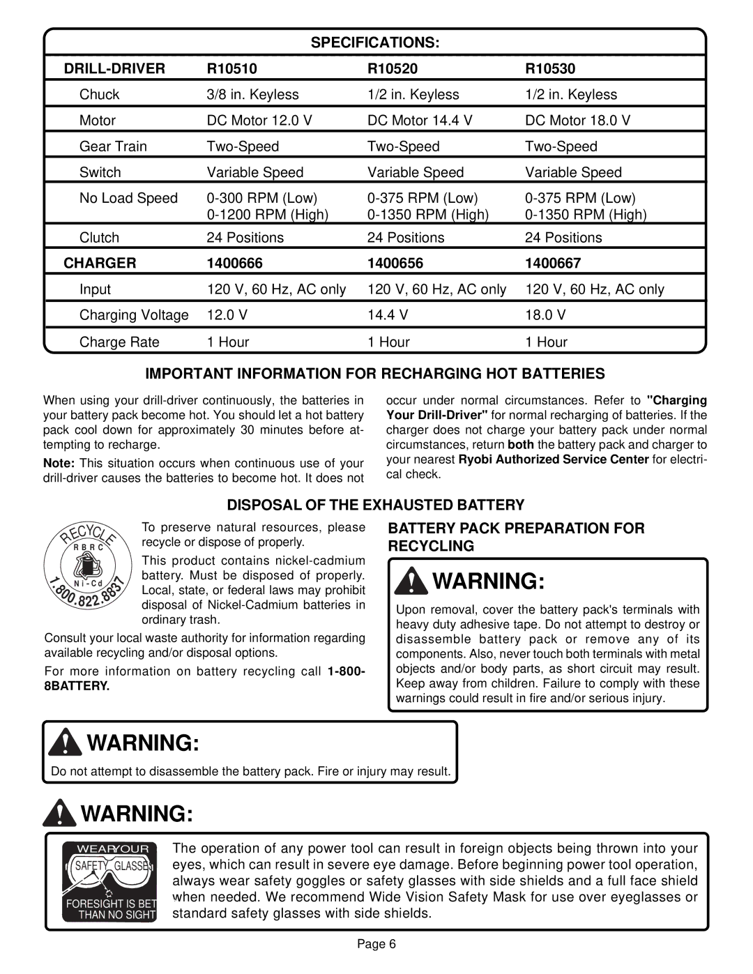 Ryobi R10510, R10530, R10520 manual Specifications DRILL-DRIVER, Charger, Important Information for Recharging HOT Batteries 