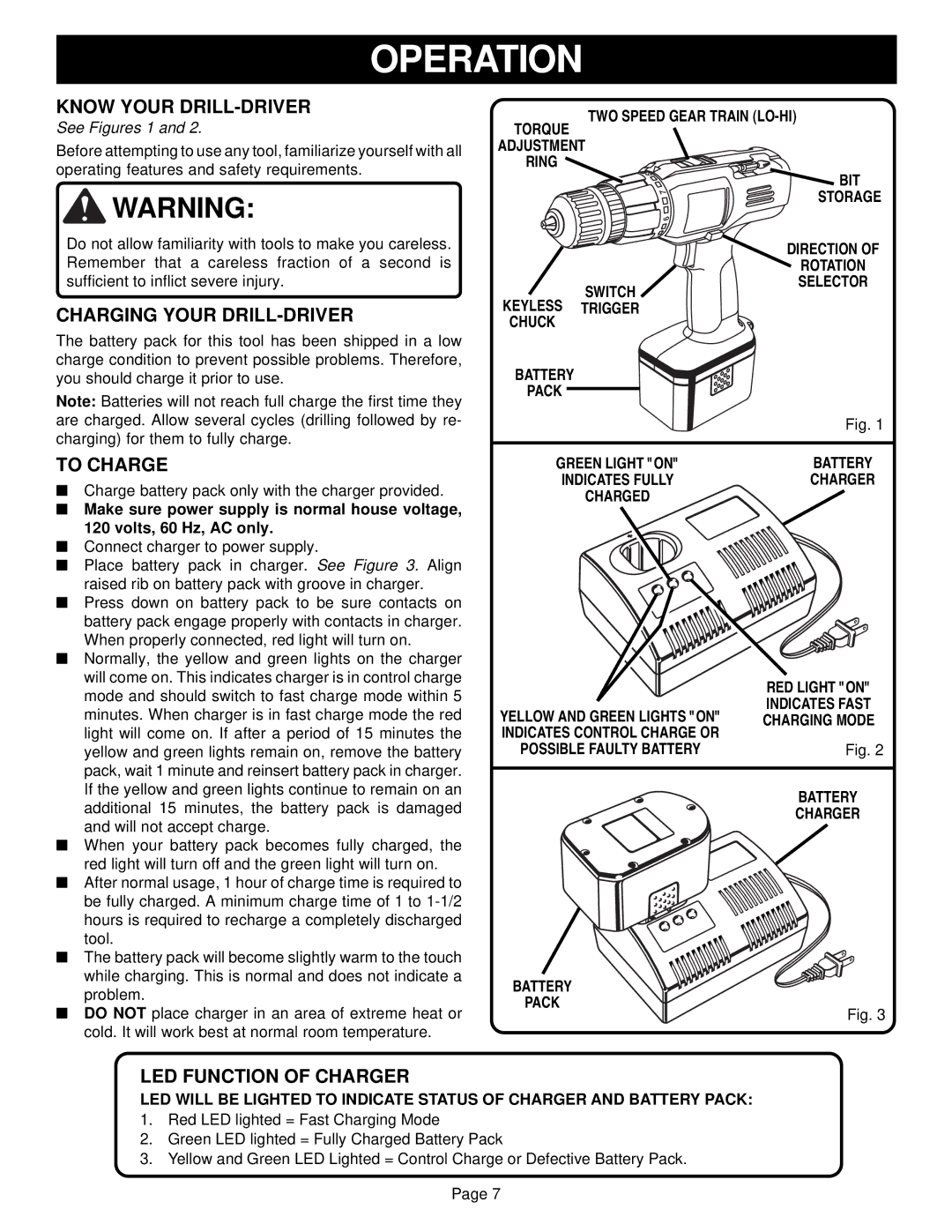Ryobi R10530, R10510 Operation, Know Your DRILL-DRIVER, Charging Your DRILL-DRIVER, To Charge, LED Function of Charger 