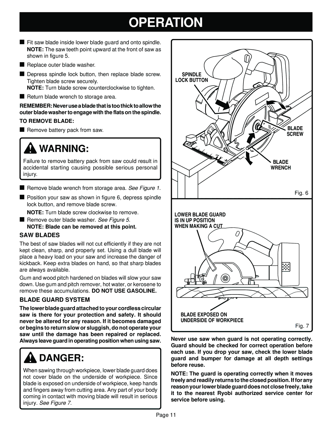 Ryobi R10630 specifications SAW Blades, Blade Guard System, To Remove Blade 