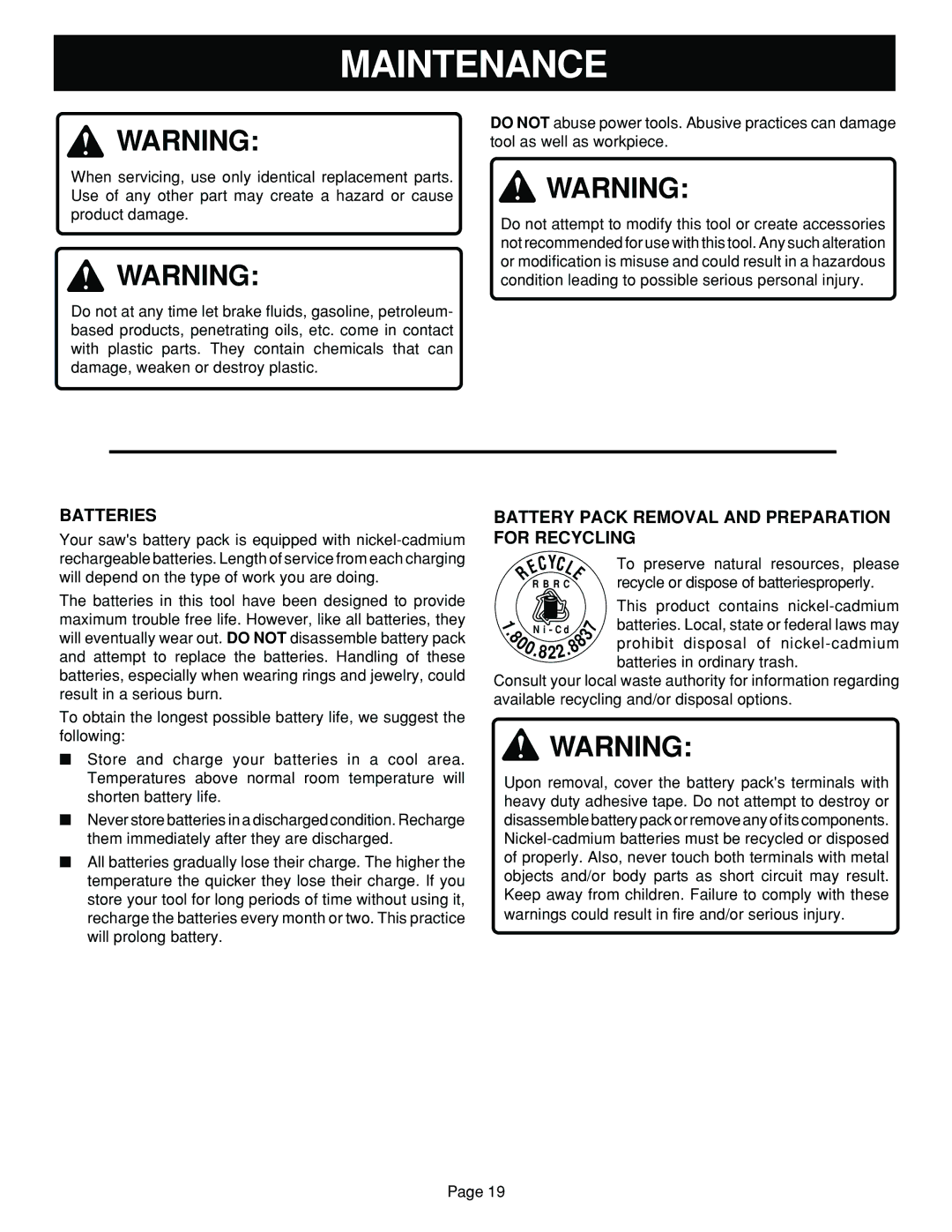 Ryobi R10630 specifications Maintenance, Batteries, Battery Pack Removal and Preparation for Recycling 